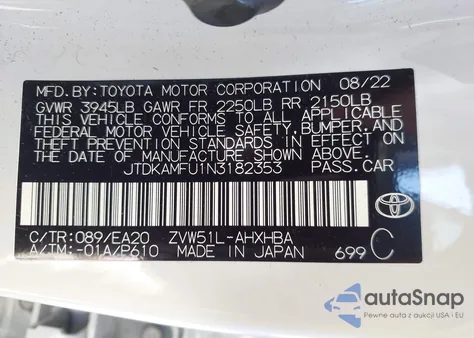 2022 Toyota Prius Xle z USA, uszkodzony, nr VIN JTDKAMFU1N3182353